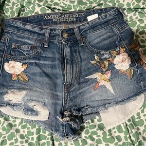 American Eagle Outfitters Distressed Floral Embroidered Jean Shorts